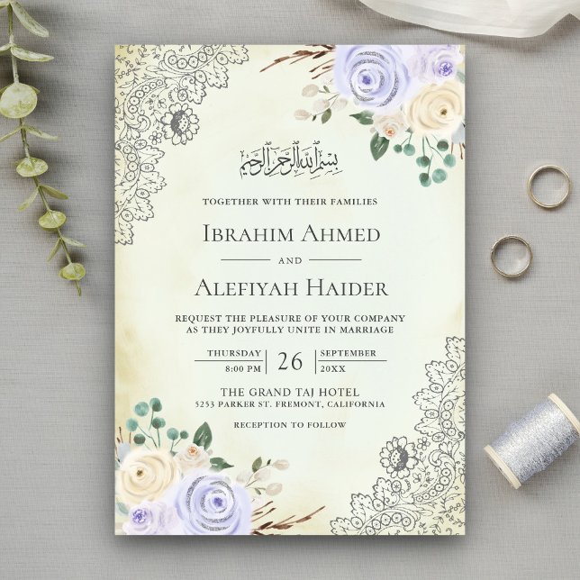 Convite Rústico Creme Lilás Floral Renda Casamento Muçulma (Criador carregado)