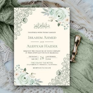 Convite Rústico Creme Verde Floral Renda Casamento Muçulma