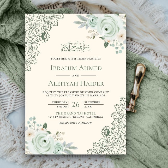 Convite Rústico Creme Verde Floral Renda Casamento Muçulma (Criador carregado)