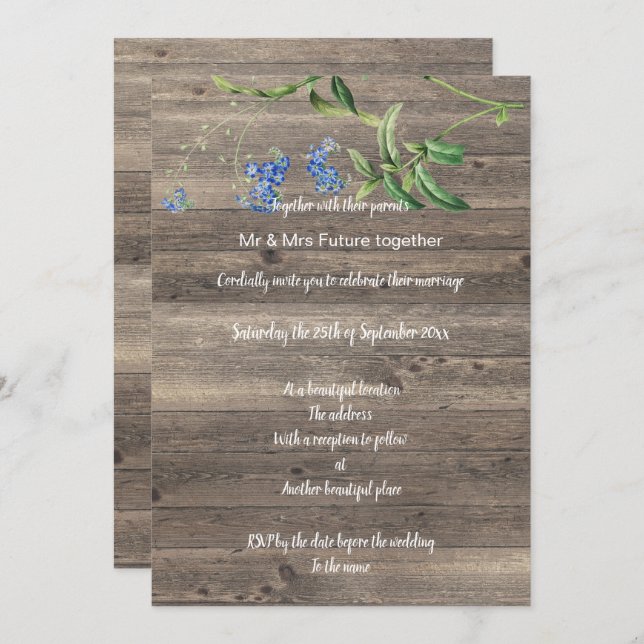 CONVITE RÚSTICO DE CASAMENTO FLORAL AZUL EUCALIPTO (Frente/Verso)