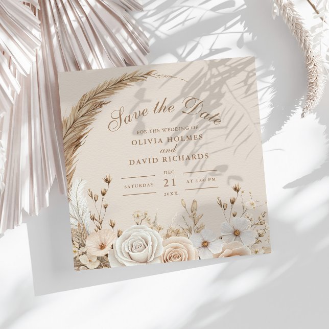 Convite Rústico de Flores Selvagens Bege Save the  (Rustic Dried Wildflowers and White Roses Wedding Save The Date on a sunny table with dry botanicals)