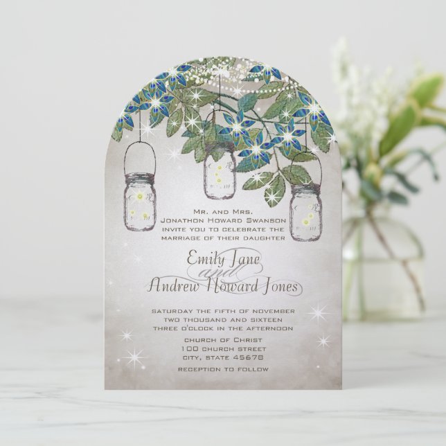 Convite Rústico e Romântico Mason Jar Sob as Estrelas (Em pé/Frente)