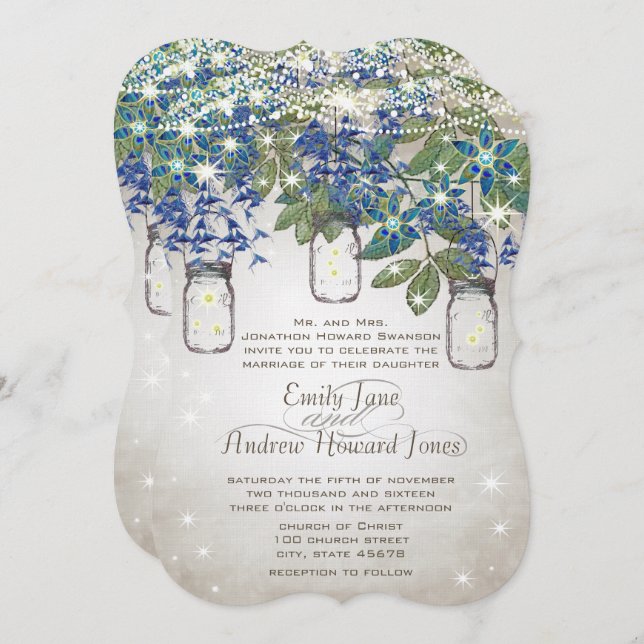 Convite Rústico e Romântico Mason Jar Sob as Estrelas (Frente/Verso)