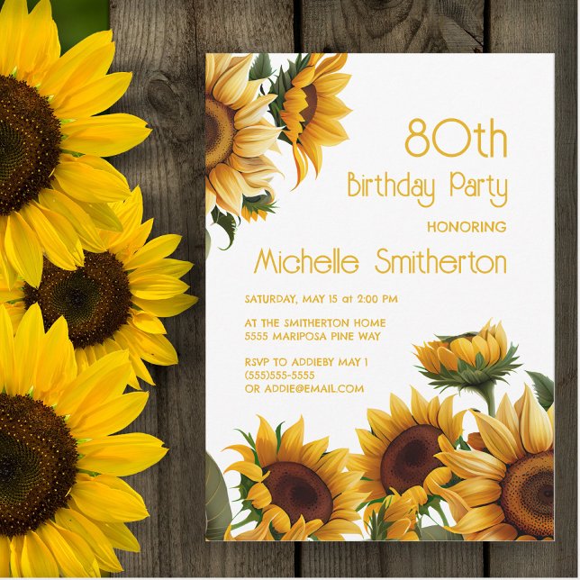 Convite Rústico Elegante Girassóis 80 Aniversário (Sunflowers on white 80th birthday party invitation)