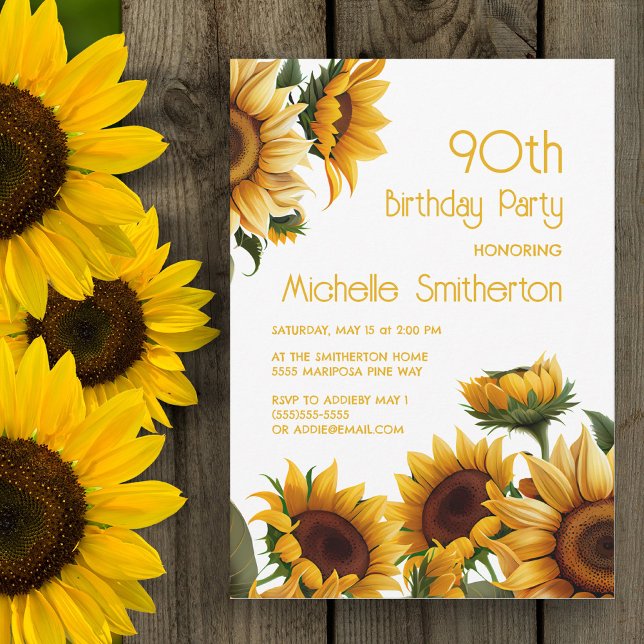 Convite Rústico Elegante Girassóis 90 Aniversário (Yellow sunflowers on 90th birthday party invitation)