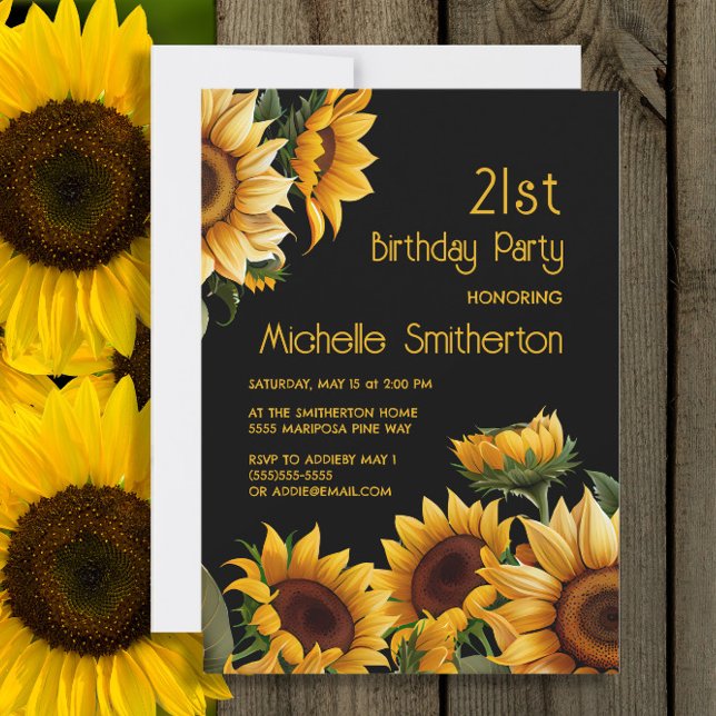 Convite Rústico Elegante Girassóis aniversário de 21 anos (Sunflowers on black 21st birthday invitation)