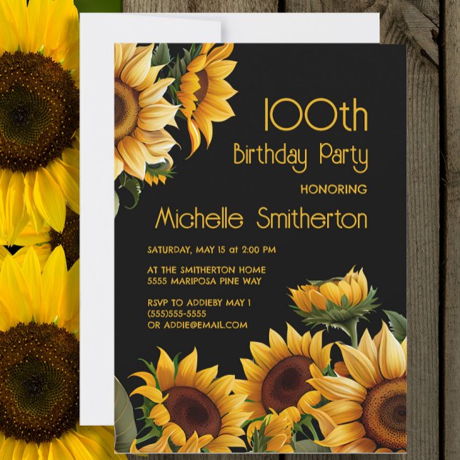 Convite Rústico Elegante Girassóis Negro 100º Aniversário (Sunflowers on black 100th birthday invitation)