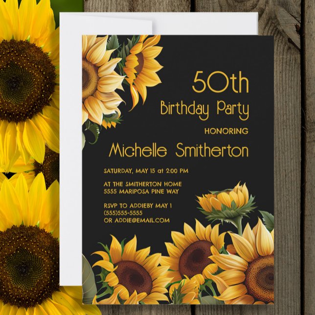 Convite Rústico Elegante Girassóis Negro 50º Aniversário (Sunflowers on black 50th birthday party invitation)