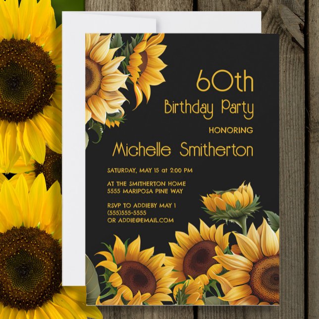 Convite Rústico Elegante Girassóis Negro 60º Aniversário (Sunflowers on black 60th birthday party invitation)