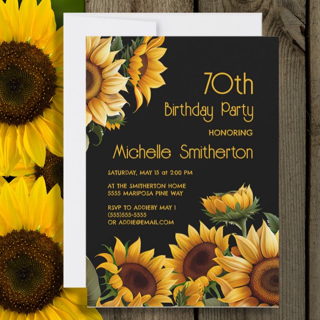 Convite Rústico Elegante Girassóis Negro 70 Aniversário (Sunflowers on black 70th birthday party invitation)