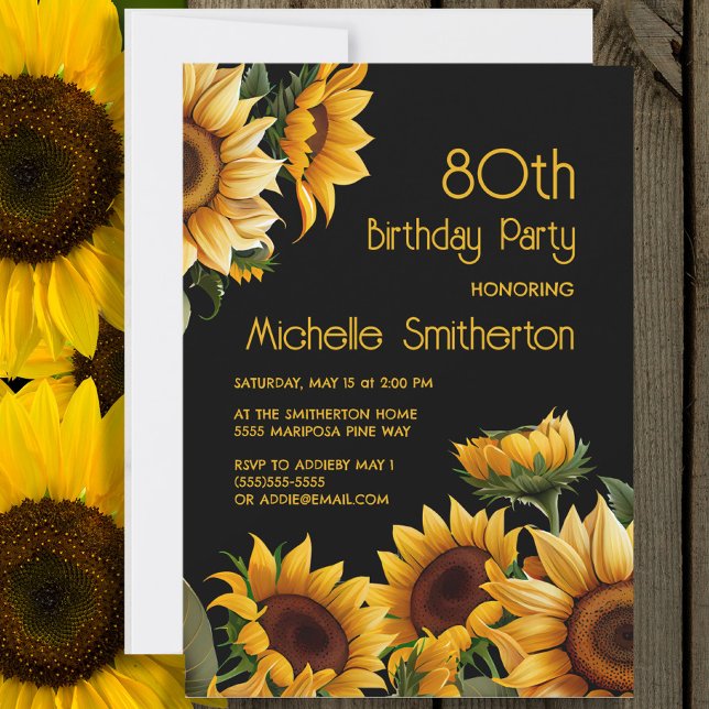 Convite Rústico Elegante Girassóis Negro 80 Aniversário (Sunflowers on black 80th birthday party invitation)