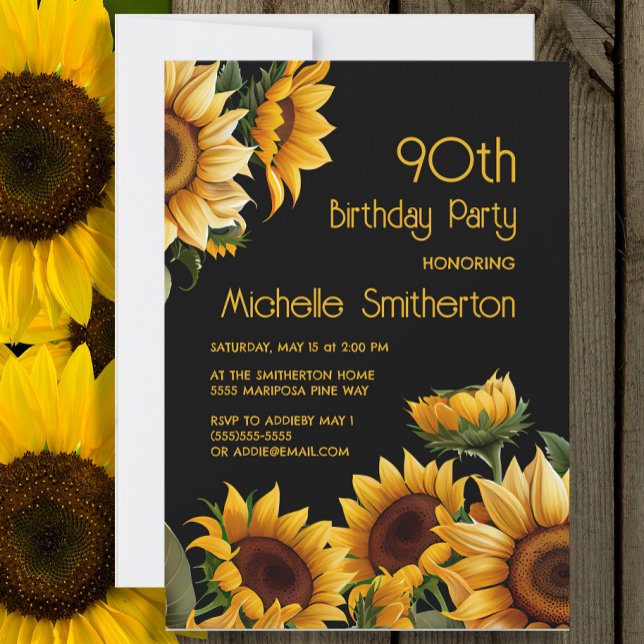 Convite Rústico Elegante Girassóis Negro 90 Aniversário (Sunflowers on black 90th birthday party invitation)