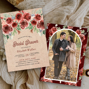 Convite Rustico em Burlap Marsala Floral Foto Chá de Noiva