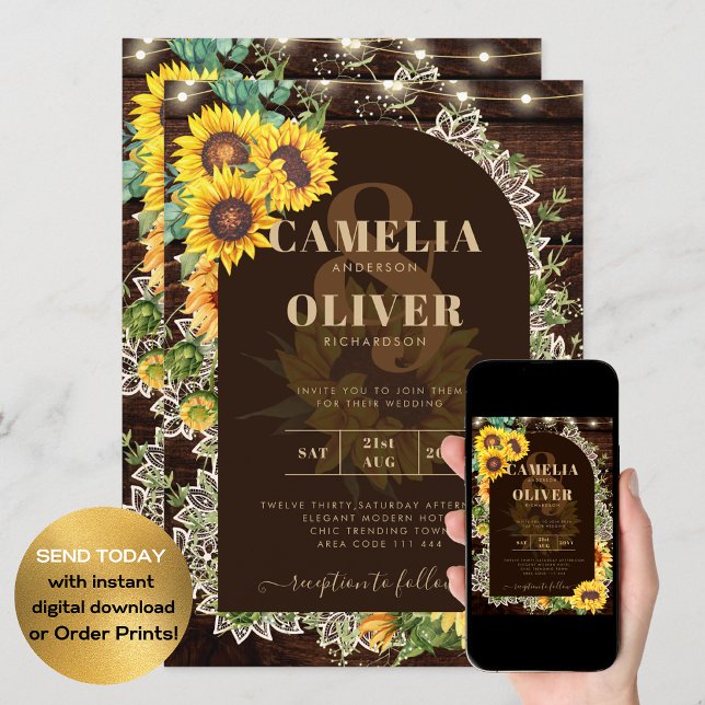 Convite Rústico Girassóis Luz Arco de Luz Raça Casamento (Criador carregado)
