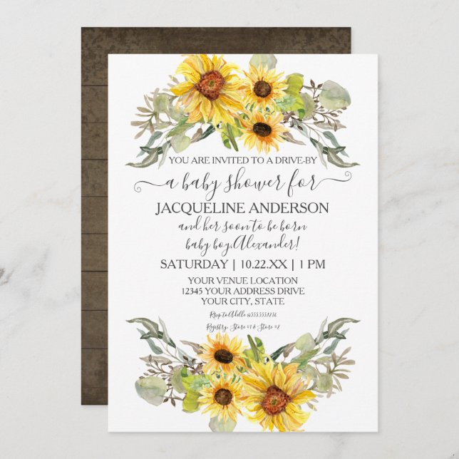 Convite Rústico Girassol Por Aquarela De Chá de fraldas (Frente/Verso)