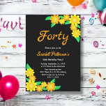 Convite Rústico girassol Verão negro aniversário de 40 ano<br><div class="desc">Este elegante convite de aniversário de girassol é perfeito para um aniversário floral moderno. O simples design apresenta girassóis amarelos e laranja floridos com tipografia branca e laranja elegante sobre fundo preto em negrito.</div>