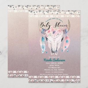 Convite Rústico Glam Boho Floral Crânio de Vaca Chá de Beb