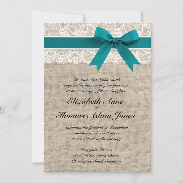 Convite Rústico Lace Burlap Invitation Turquoise (Frente)