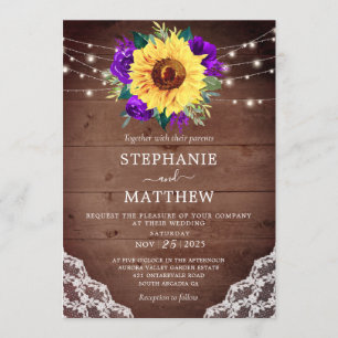 Convite Rústico Lace de girassol Casamento outono roxo