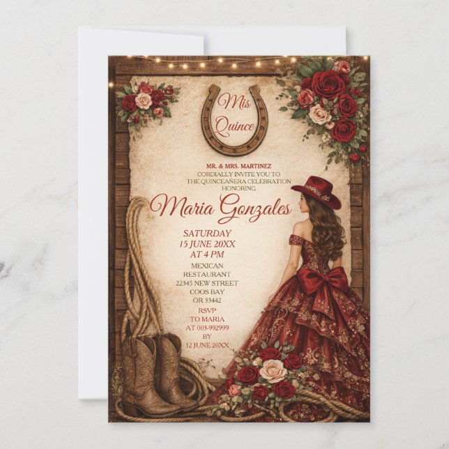 Convite Rústico Madeira Burgundy Floral Princesa Mis Quinc (Frente)