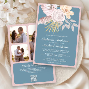 Convite Rústico Pó Azul Rosa Floral Código QR Casamento