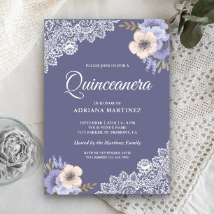 Convite Rustico Poético Lilás Floral Renda Quinceanera