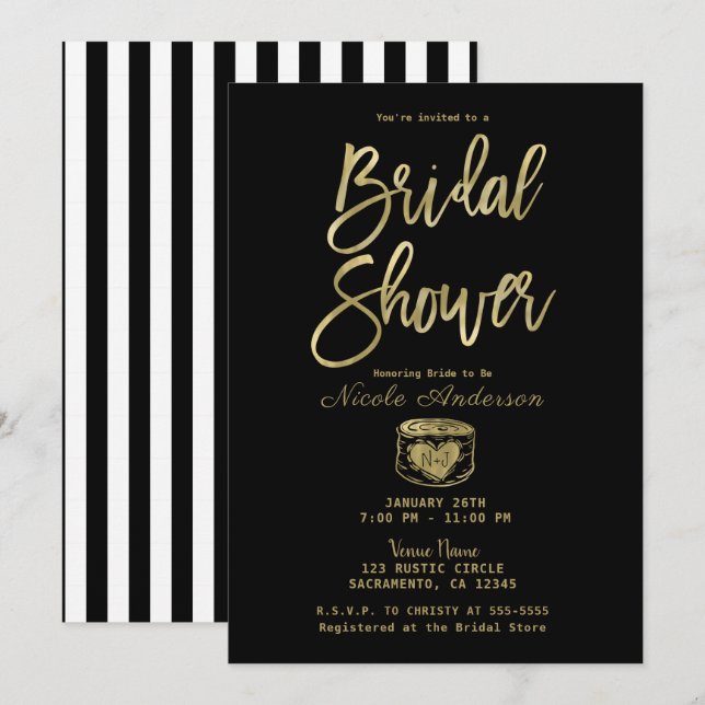 Convite Rustico Preto Listras Brancas & Dourado Chuveiro d (Frente/Verso)