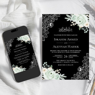 Convite Rústico Preto Sage Verde Floral Renda Casamento Mu