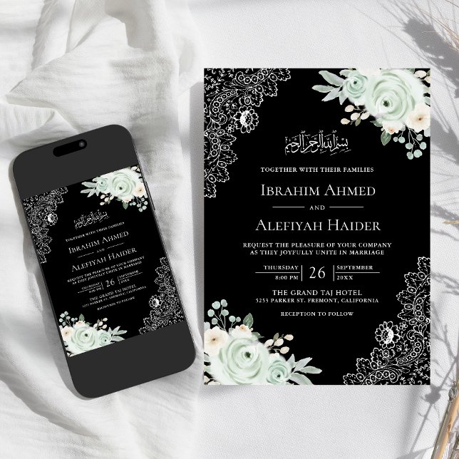 Convite Rústico Preto Sage Verde Floral Renda Casamento Mu (Criador carregado)
