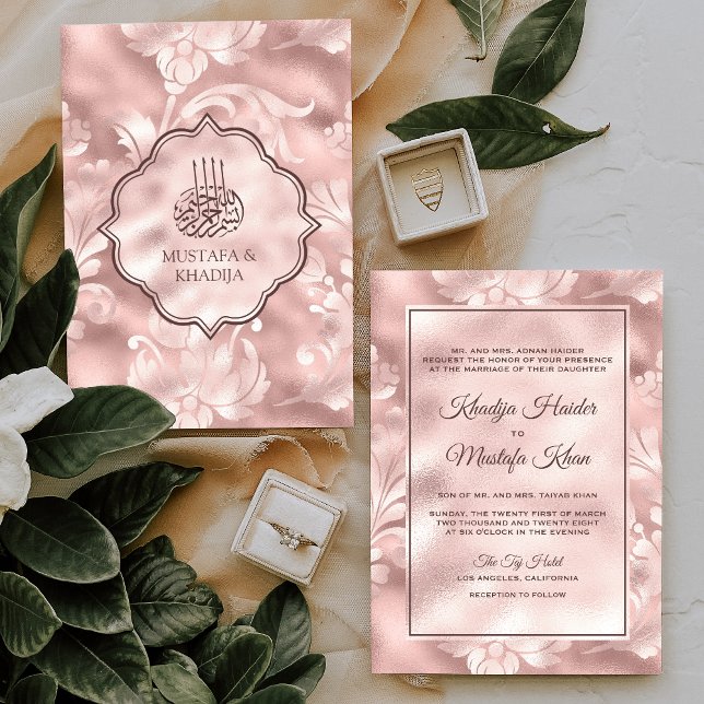 Convite Rústico Rosa Bege Filigrana Floral Casamento Muçul (Criador carregado)