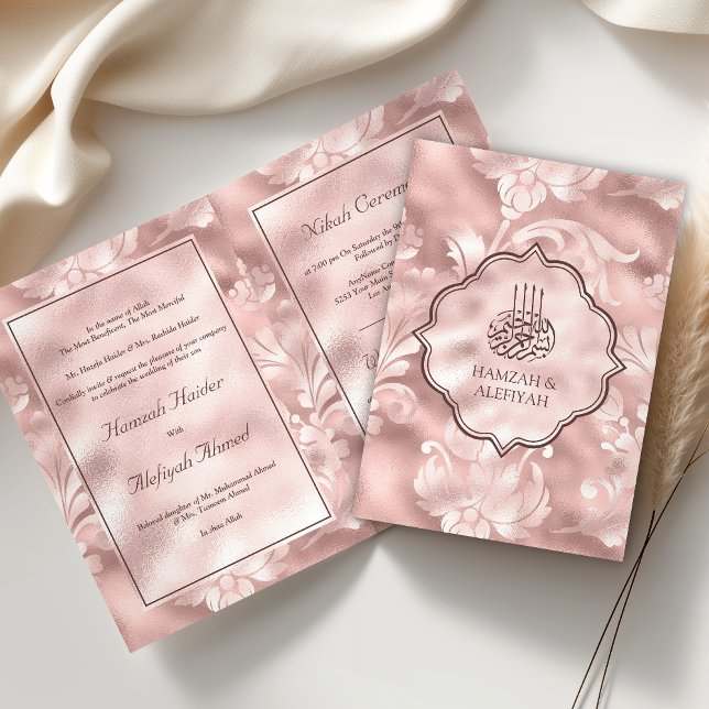 Convite Rústico Rosa Bege Filigrana Floral Casamento Muçul (Criador carregado)