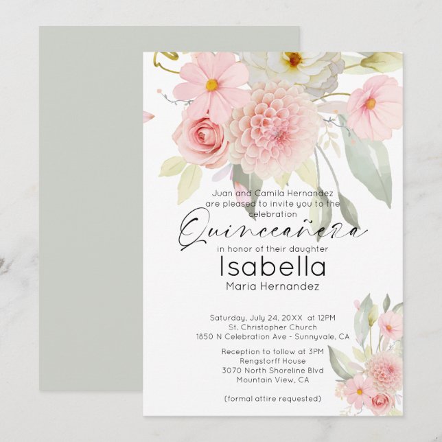 Convite Rústico Rosa Bege Floral Quinceanera Aquarela (Frente/Verso)