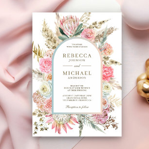 Convite Rústico Rosa Desbotado Floral Boho Grama de Pampas