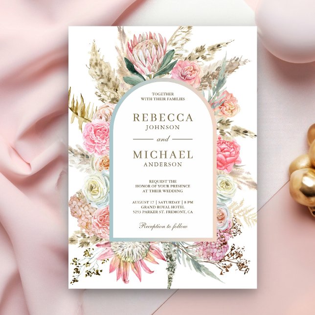 Convite Rústico Rosa Desbotado Floral Boho Grama de Pampas (Criador carregado)