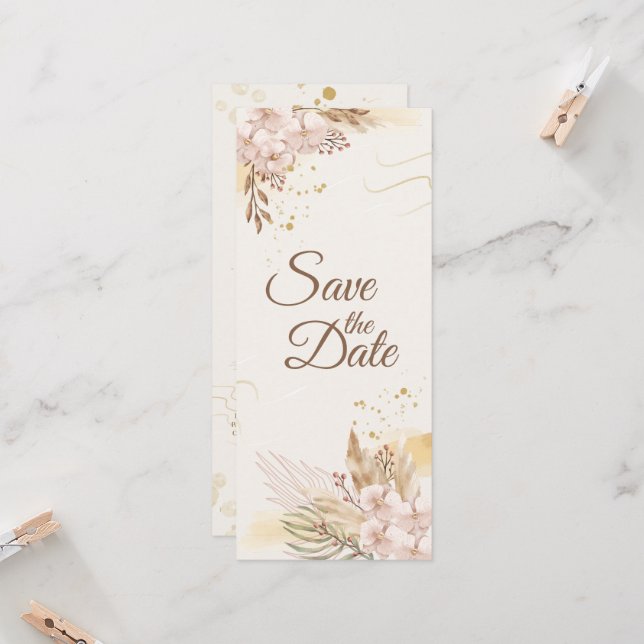 Convite Rustico Rosa e Floral Boho Dourado Salve a Data (Frente/Verso In Situ)