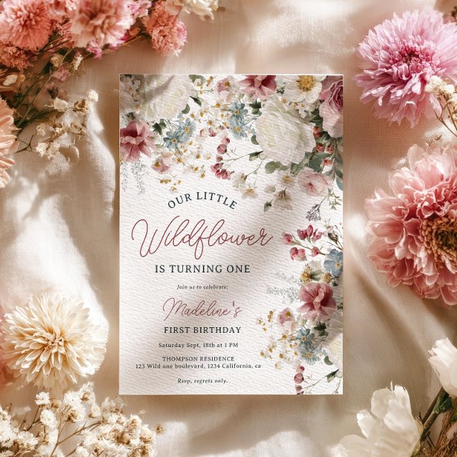 Convite Rústico Rosa Espelho, Creme Wildflower Primeiro An (Rustic Blush Pink, Cream Wildflower First Birthday Invitation)