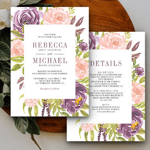 Convite Rústico Roxo Bege Rosa Floral Tudo em Um Casamento