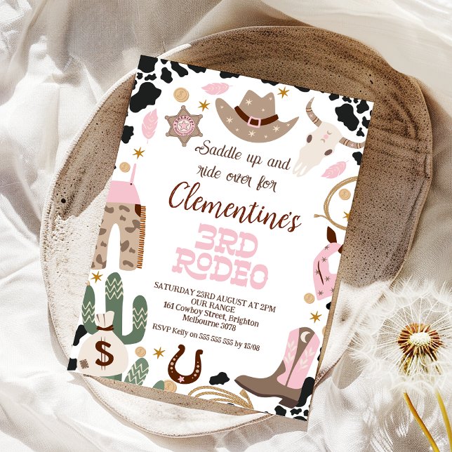 Convite Rústico sela rosa para cima 3ª aniversário de 3 an (Girls Pink 3rd Rodeo Birthday Invitation, 3rd Rodeo 3rd Birthday Invite, Western Themed, Cowgirl )