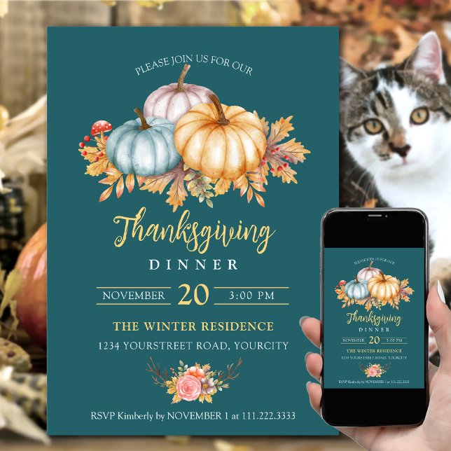 Convite Rústico Thankstransing floral de abóboras (Thanksgiving dinner invitations fall colors pumpkins leaves rustic teal yellow color)