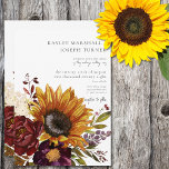 Convite Rústico Verão Sunflower e Borgonha Floral<br><div class="desc">Adicione um pouco de elegância rústica à sua papelaria de casamento com este convite para o casamento floral, perfeito para o outono e para as celebrações do Verão tardio. Apresentando um buquê de cor d'água de burgundy, amarelo de girassol, creme e flores roxas com verde esmagador, este design emparelha lindamente...</div>