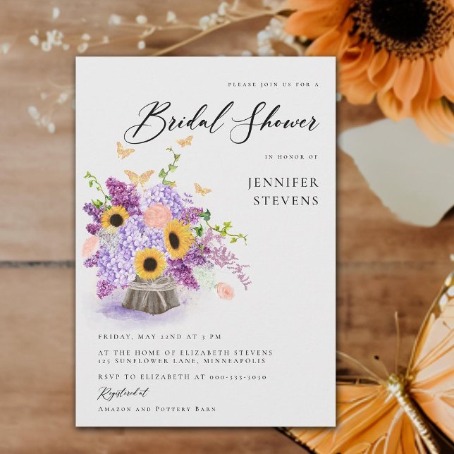 Convite Rústicos Girassóis Borboletas Chá de panela modern (elegant rustic bouquet butterflies bridal shower invitation lilac hydrangea sunflowers modern boho)