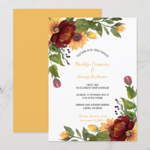 Convite Rústicos Girassóis Borgonha e Casamento Floral A
