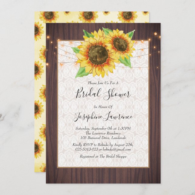 Convite Rústicos Girassóis Cordas Luzes Chá de panela (Frente/Verso)