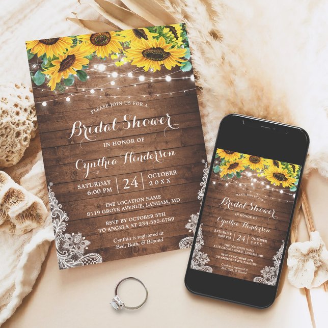 Convite Rústicos Girassóis Cordas Luzes Chá de panela (This invitation is perfect for anyone hosting a bridal shower with a rustic and charming theme.)