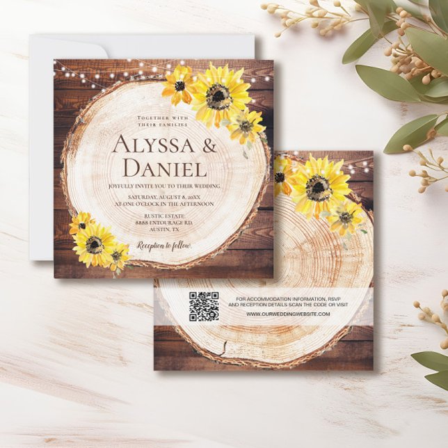 Convite Rústicos Girassóis Luzes de corda Madeira Corte Ca (String of lights, watercolor sunflower, wood cut slice rustic wedding invitation.
)