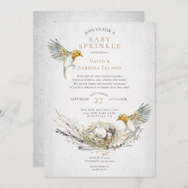 Convite Rústicos Pássaros e Nest Watercolor Bebê Sprinkle (Frente/Verso)