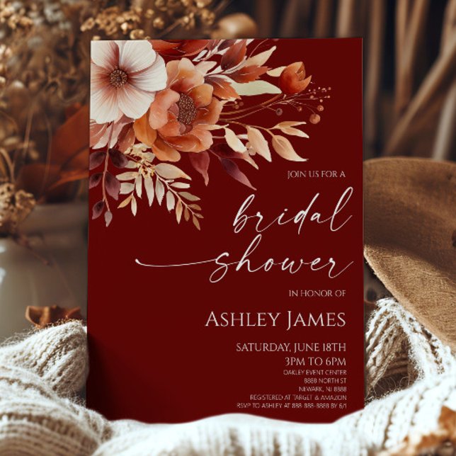 Convite Rusty Burgundy Flor Castanho Chá de panela (Criador carregado)