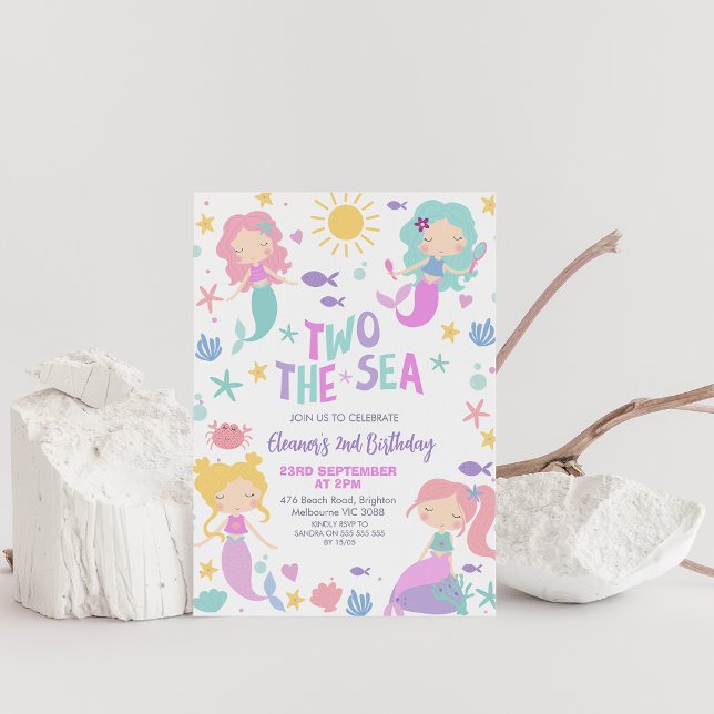 Convite Sábada Roxa Sereia Dois segundos aniversários Do M (Two the Sea Mermaids invitation, Mermaids and Sea, Ocean Life Girls 2nd Birthday Invitation,)