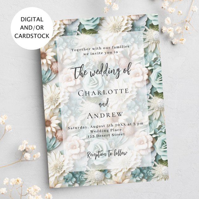 Convite Sábado de Casamento Verde Flores Brancas elegantes (Criador carregado)