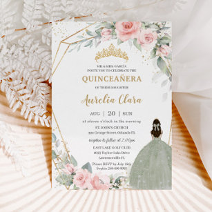 Convite Sábio Floral Rosa Cinza Verde Princesa Quinceañera